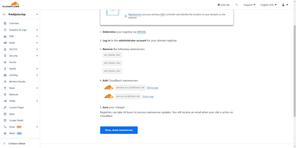 回到Cloudflared的界面,点击Done, checknameservers